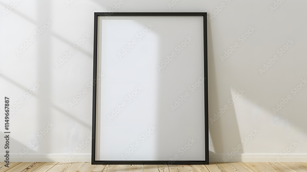 Empty Photo Frame on Wall with Natural Light and Wooden Floor Empty Photo Frame on Wall with Natural Light and Wooden Floor