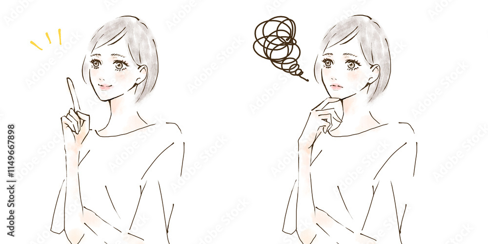 ひらめいた表情と悩む女性のイラストセット