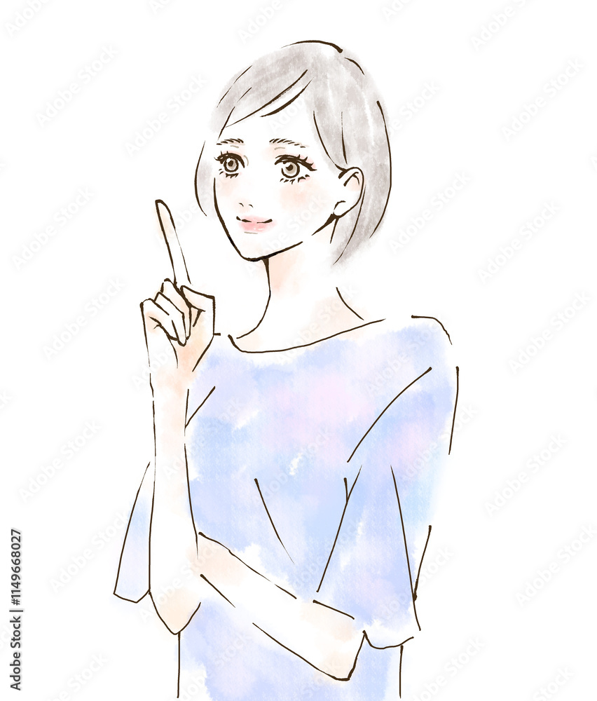 働く女性のイラスト　指差し　オフィスカジュアル