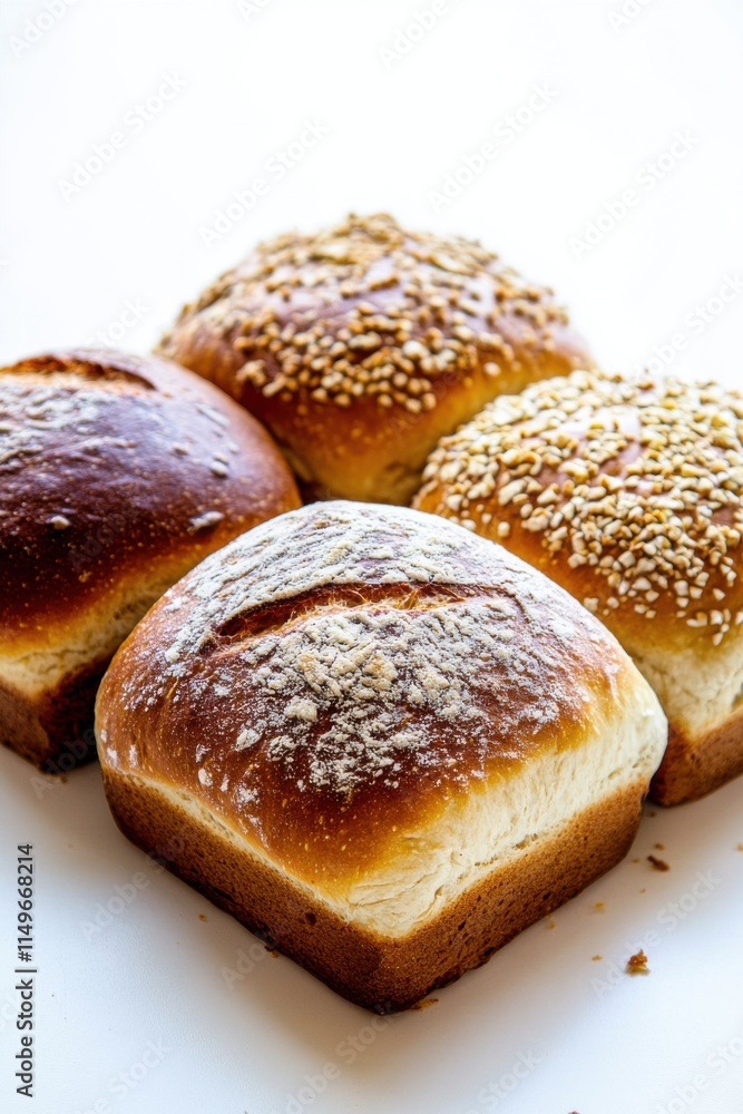 Freshly baked bread rolls with sesame and flour toppings, showcasing a golden brown crust and soft texture. Freshly baked bread rolls with sesame and flour toppings, showcasing a golden brown crust and soft texture.