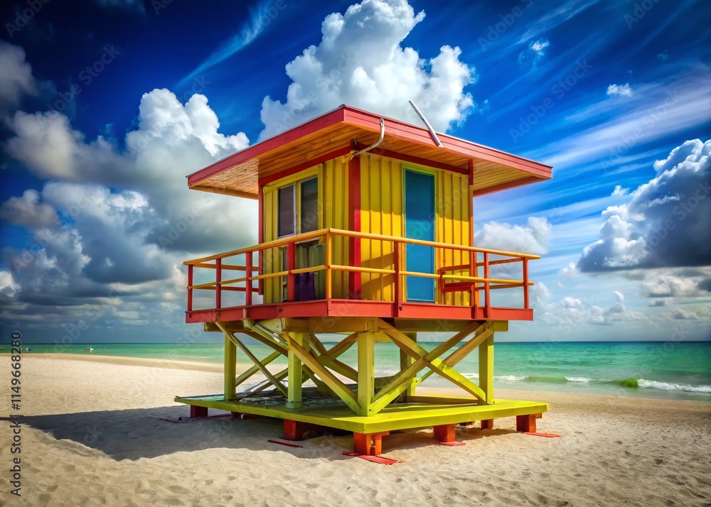 South Beach Miami Lifeguard Station: Sunny Day, High Depth of Field Stock Photo South Beach Miami Lifeguard Station: Sunny Day, High Depth of Field Stock Photo