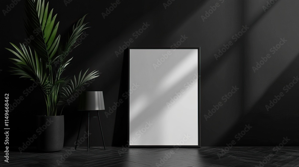 Framed model, empty white canvas on dark grey walls, illuminated by soft lamps, minimalist aesthetic with small plants and decorative sculptures in the background, perfect for text or artwork displays Framed model, empty white canvas on dark grey walls, illuminated by soft lamps, minimalist aesthetic with small plants and decorative sculptures in the background, perfect for text or artwork displays