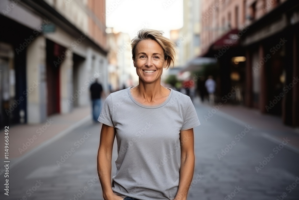 Portrait of a beautiful middle aged woman smiling at the camera in a street. Portrait of a beautiful middle aged woman smiling at the camera in a street.