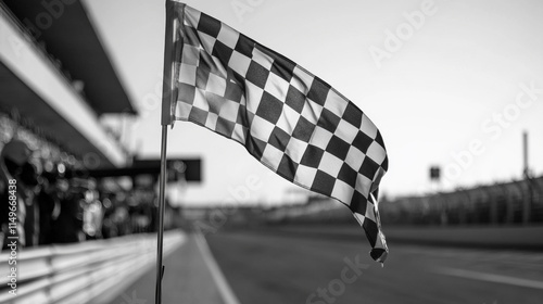 Checkered flag waves at the finish line during a motor racing event. 