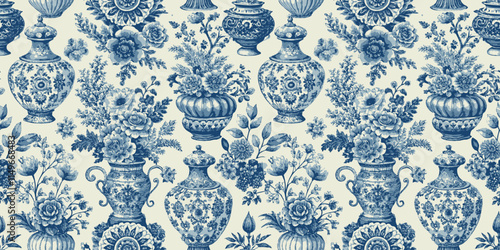 Elegant blue and white floral pattern with vases and intricate designs.