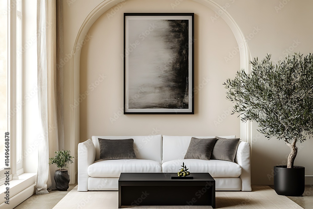 Modern living room interior with white sofa, olive tree, and abstract art. Modern living room interior with white sofa, olive tree, and abstract art.
