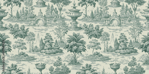 Elegant green and white vintage landscape wallpaper design featuring fountains and trees.