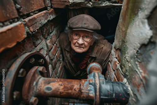 Elderly woman hiding in hole of damaged brick wall, looking at rusty pipes photo