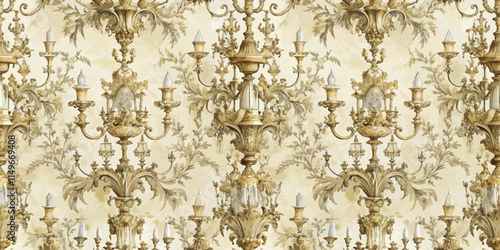 Elegant vintage chandelier wallpaper design featuring intricate gold detailing.