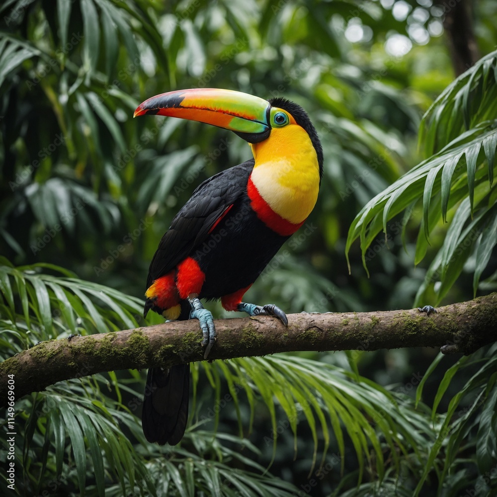 Naklejka premium A vibrant toucan perched on a branch surrounded by lush greenery.