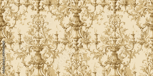 Elegant vintage wallpaper design featuring ornate chandeliers and floral motifs.