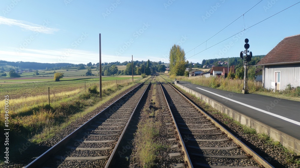 A picturesque view of twin railway tracks stretching into a serene countryside landscape on a clear sunny day. A picturesque view of twin railway tracks stretching into a serene countryside landscape on a clear sunny day.