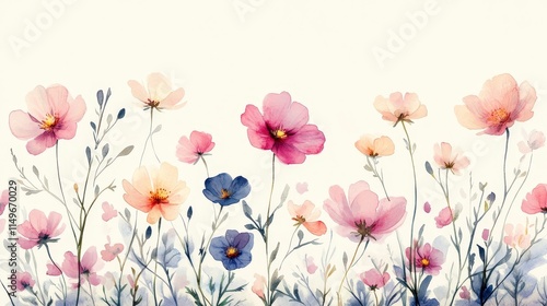 Wallpaper Mural Watercolor and gouache illustration of small flowers with slender petals and long, thin leaves in a retro color scheme, arranged in a delicate pattern on a white background with a vintage feel. Torontodigital.ca