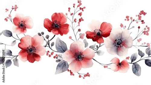 Watercolor and gouache illustration of small flowers with slender petals and long, thin leaves in a retro color scheme, arranged in a delicate pattern on a white background with a vintage feel.