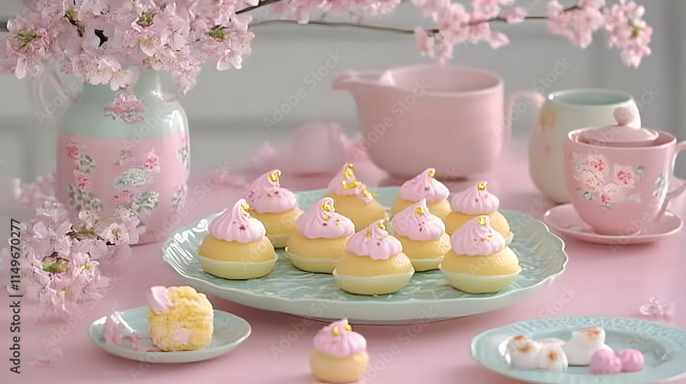 Pastel Pink Dessert Illustration, Delicate Cakes and Blossoms Pastel Pink Dessert Illustration, Delicate Cakes and Blossoms