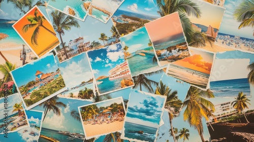A vibrant collage of tropical postcards featuring sunny beaches and palm trees, evoking relaxation and adventure.