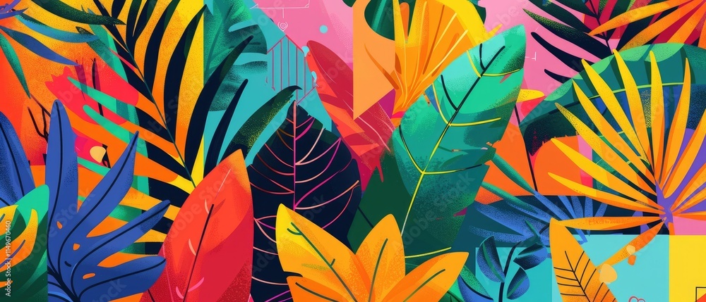 Tropical Burst: An abstract illustration featuring lush jungle leaves in vibrant hues, intertwined with colorful geometric shapes and patterns against a bright summer background Tropical Burst: An abstract illustration featuring lush jungle leaves in vibrant hues, intertwined with colorful geometric shapes and patterns against a bright summer background