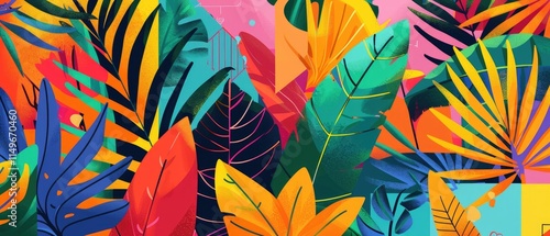 Tropical Burst: An abstract illustration featuring lush jungle leaves in vibrant hues, intertwined with colorful geometric shapes and patterns against a bright summer background