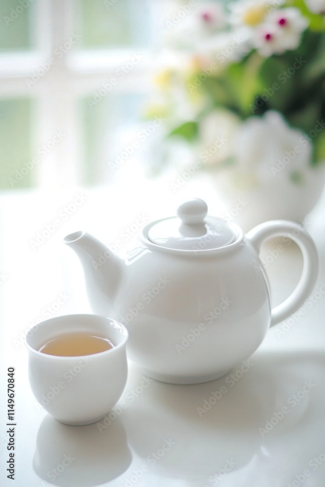 A serene tea setting featuring a white teapot and cup, accompanied by soft floral decor in the background.
