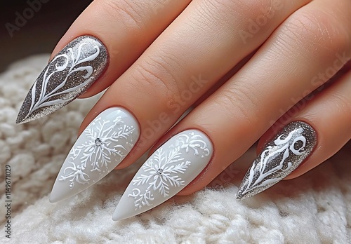 Elegant Winter Nail Art Design Stiletto Nails Snowflake Nail Polish photo