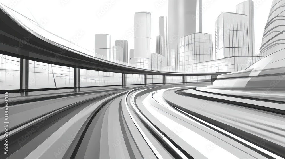 Fototapeta premium A dynamic black and white abstract illustration of a futuristic cityscape seen from a curving train perspective.