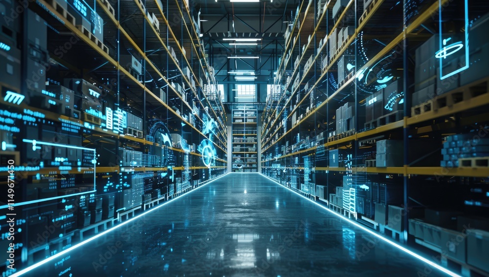 A Modern Warehouse Filled With Neatly Organized Shelves and Packages, Illuminated by Bright LED Lights, Showcasing an Efficient Inventory Management System A Modern Warehouse Filled With Neatly Organized Shelves and Packages, Illuminated by Bright LED Lights, Showcasing an Efficient Inventory Management System