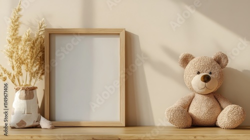 Realistic wooden photo frame simulation of an empty space, hanging on a beige wall, ideal for decorating children's bedrooms, modern medieval style rooms, product shooting, simple background

