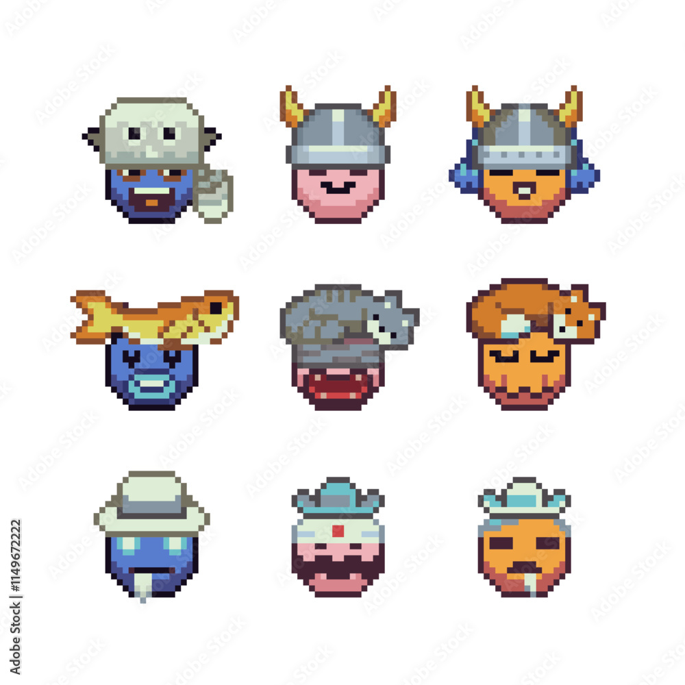 Obraz premium Abstract funny face happy pixel art icon set, cheerful cartoon character. 8-bit flat style. Isolated abstract vector illustration.