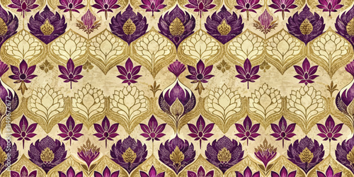 Elegant floral pattern in rich purple and gold hues.