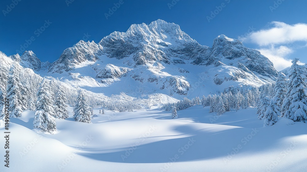 Fototapeta premium Snow-covered mountains, winter wonderland, serene landscape.
