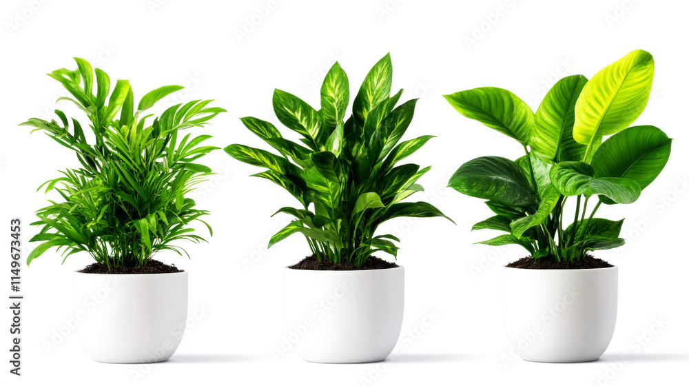Three vibrant green plants in white pots adding freshness indoors. Three vibrant green plants in white pots adding freshness indoors.