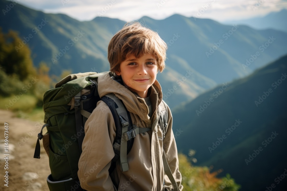 Portrait of a young boy with backpack on the background of mountains Portrait of a young boy with backpack on the background of mountains