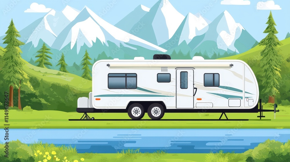 A vibrant illustration of a white travel trailer parked beside a serene river, surrounded by lush green mountains. A vibrant illustration of a white travel trailer parked beside a serene river, surrounded by lush green mountains.