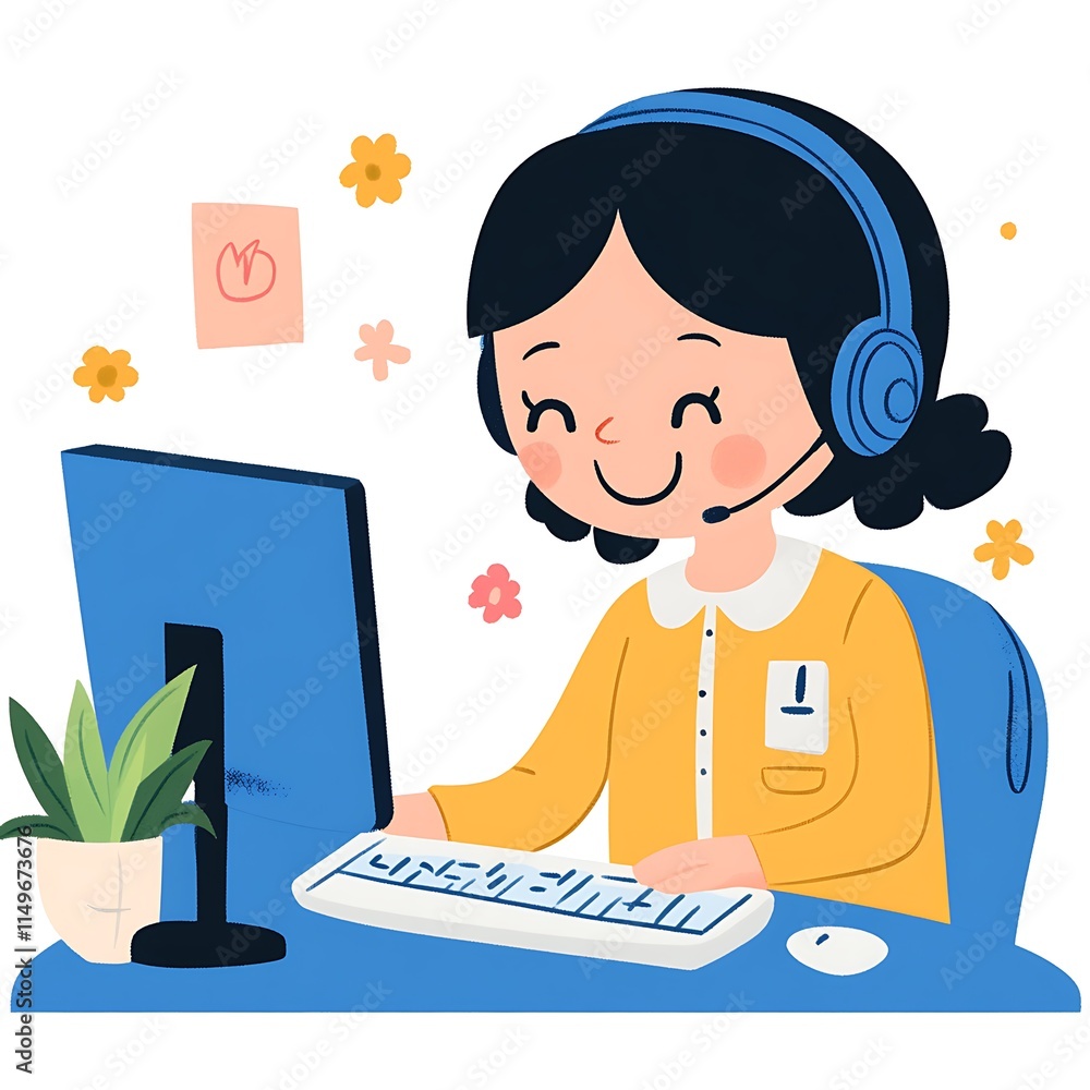 Happy Young Woman Working from Home with Headset and Computer for Online Learning Happy Young Woman Working from Home with Headset and Computer for Online Learning