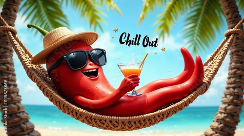 Funny chili pepper character relaxing in a hammock with a cocktail, surrounded by palm trees and beach vibes
