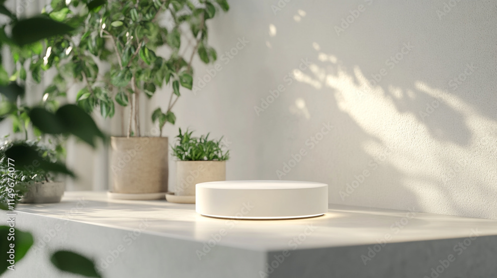 Modern minimalist display with potted plants and circular platform in bright setting. Modern minimalist display with potted plants and circular platform in bright setting.