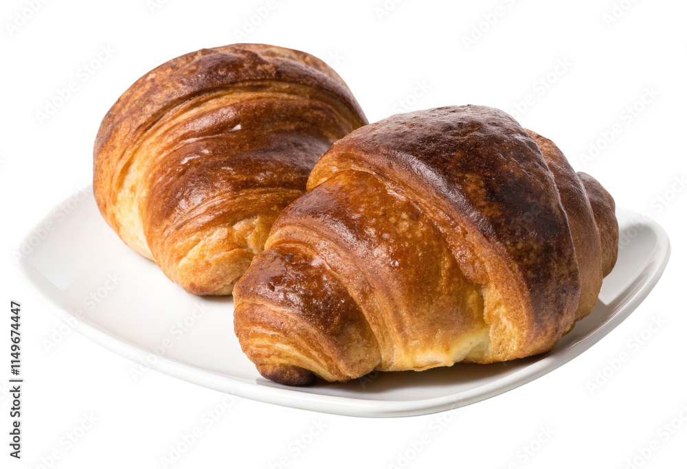 Two golden-brown croissants on a white plate isolated with transparent background Two golden-brown croissants on a white plate isolated with transparent background
