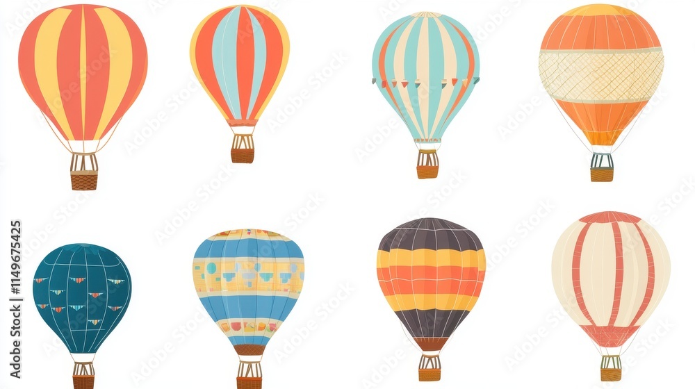 Colorful and whimsical hot air balloons in various patterns, creating a cheerful and festive mood. Colorful and whimsical hot air balloons in various patterns, creating a cheerful and festive mood.
