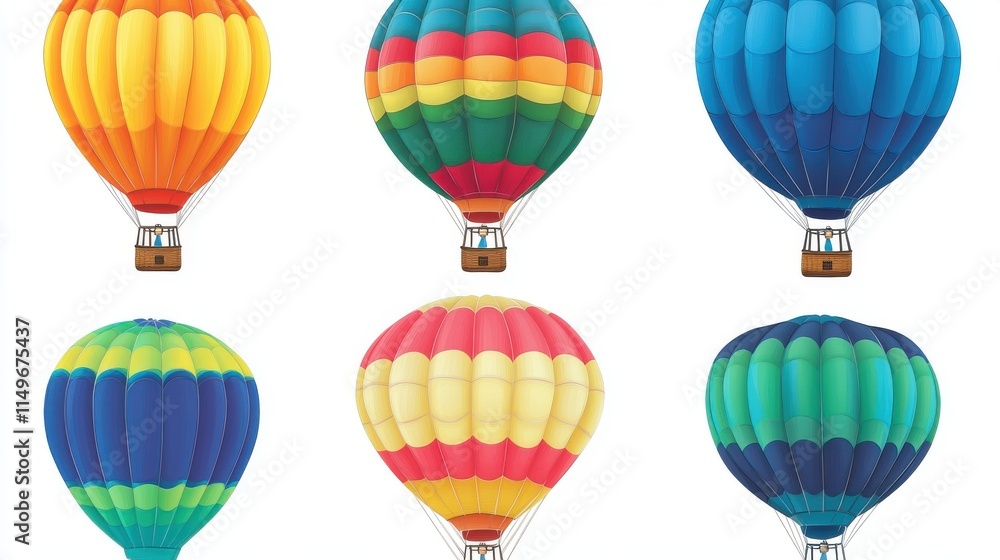 Obraz premium Colorful hot air balloons in various patterns and colors soaring against a white background.