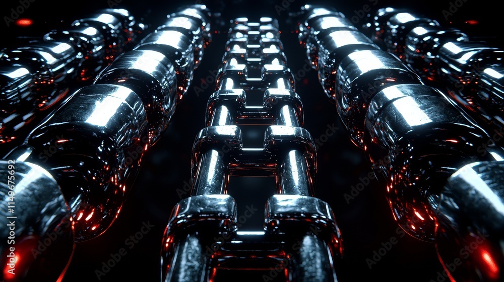 Fototapeta premium A detailed illustration depicting a square frame composed of thick interlocking metal chains, with smooth surfaces reflecting light, rough textures, shadows, and depths, showcasing an industrial style