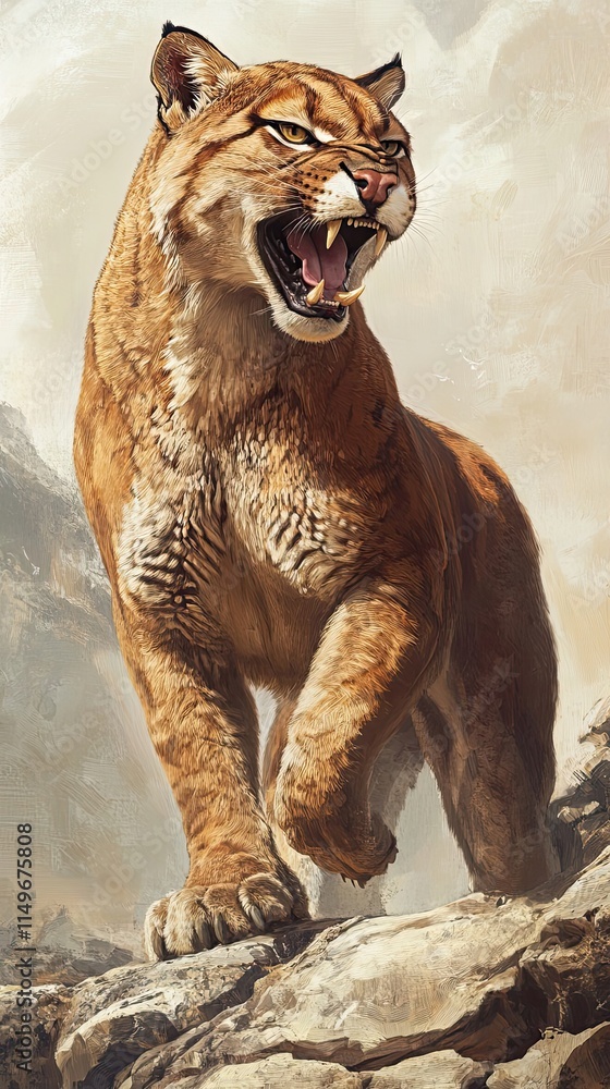 Fototapeta premium Majestic Cougar Roaring On Mountain Rocks