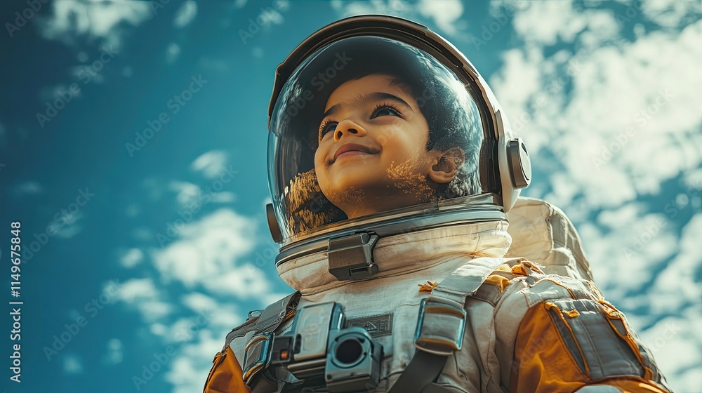 Child astronaut smiling under blue sky outdoor portrait explorative imagination dreamy environment joyful perspective Child astronaut smiling under blue sky outdoor portrait explorative imagination dreamy environment joyful perspective