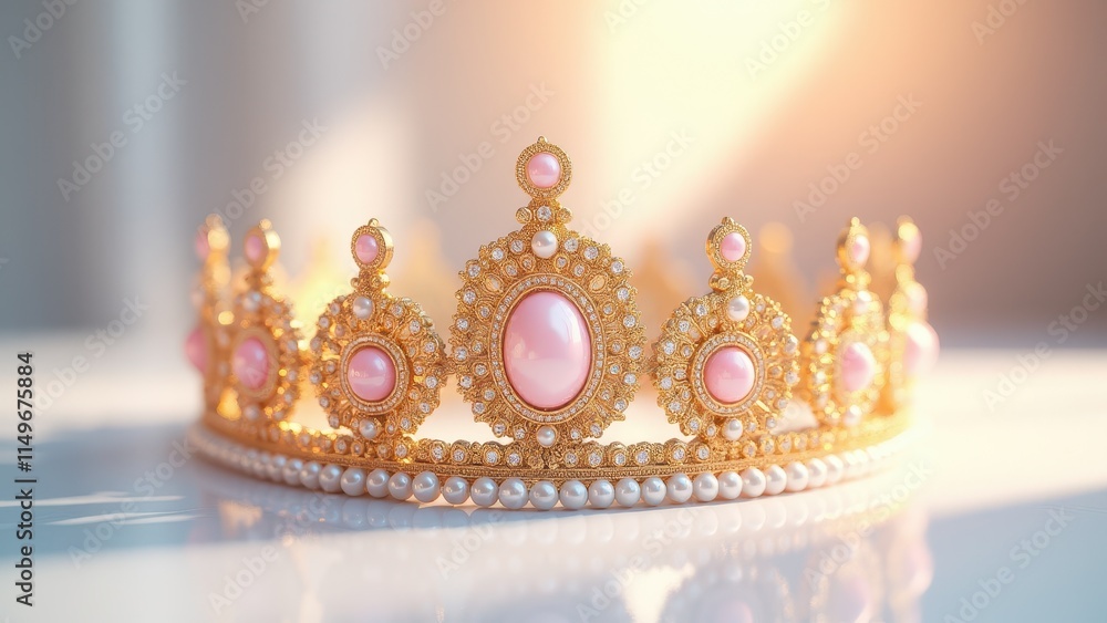 Beautiful quinceanera crowns with delicate gold filigree, pearl accents, and gemstones, presented on a glossy surface under radiant lighting