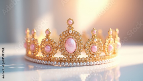 Obraz na płótnie Beautiful quinceanera crowns with delicate gold filigree, pearl accents, and gemstones, presented on a glossy surface under radiant lighting w salonie