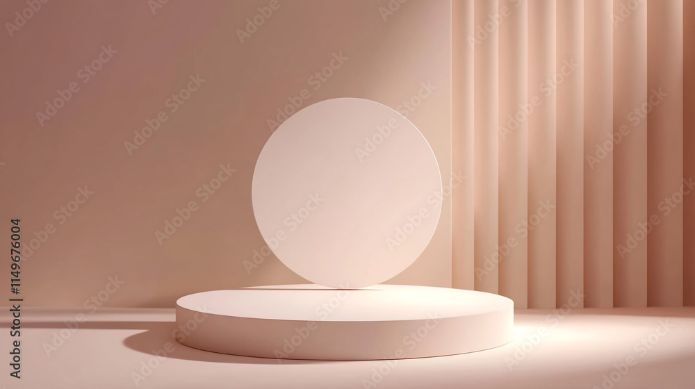 A circular pedestal stands on a raised platform in a softly lit space with pale tones A circular pedestal stands on a raised platform in a softly lit space with pale tones