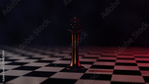 Golden chess king piece standing on black and white checkered board with dramatic lighting effect