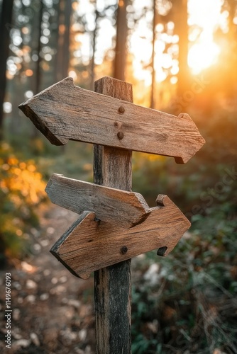 Wooden directional signpost at sunset forest trail nature photography serene environment close-up view adventure concept