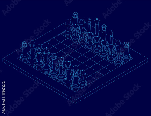 Chess isometric contour. Board game figures piece queen bishop strategy vector 3d pictures set isolated. Illustration of chess game, piece and bishop, pawn isometric and knight