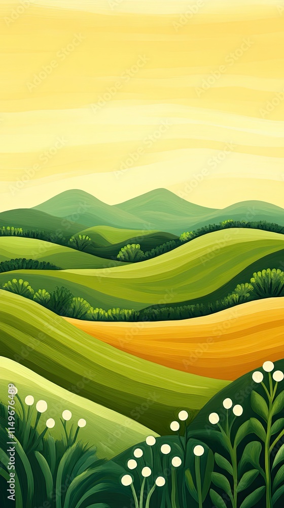 Obraz premium Serene landscape view rolling green hills nature illustration peaceful environment vibrant color palette