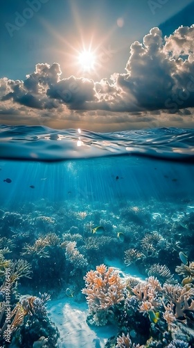 A school of fish in an underwater world illuminated by a Tyndall effect photo